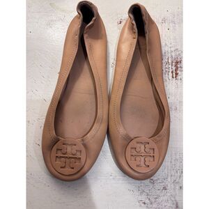 Tory Burch Minnie Travel Ballet Flats Nude Leather Logo Round Toe Women's 8.5
